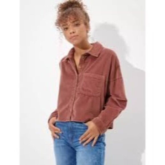 American Eagle‎ Cropped Corduroy Button Front Shirt Dusty Pink Women's XS - Picture 1 of 8